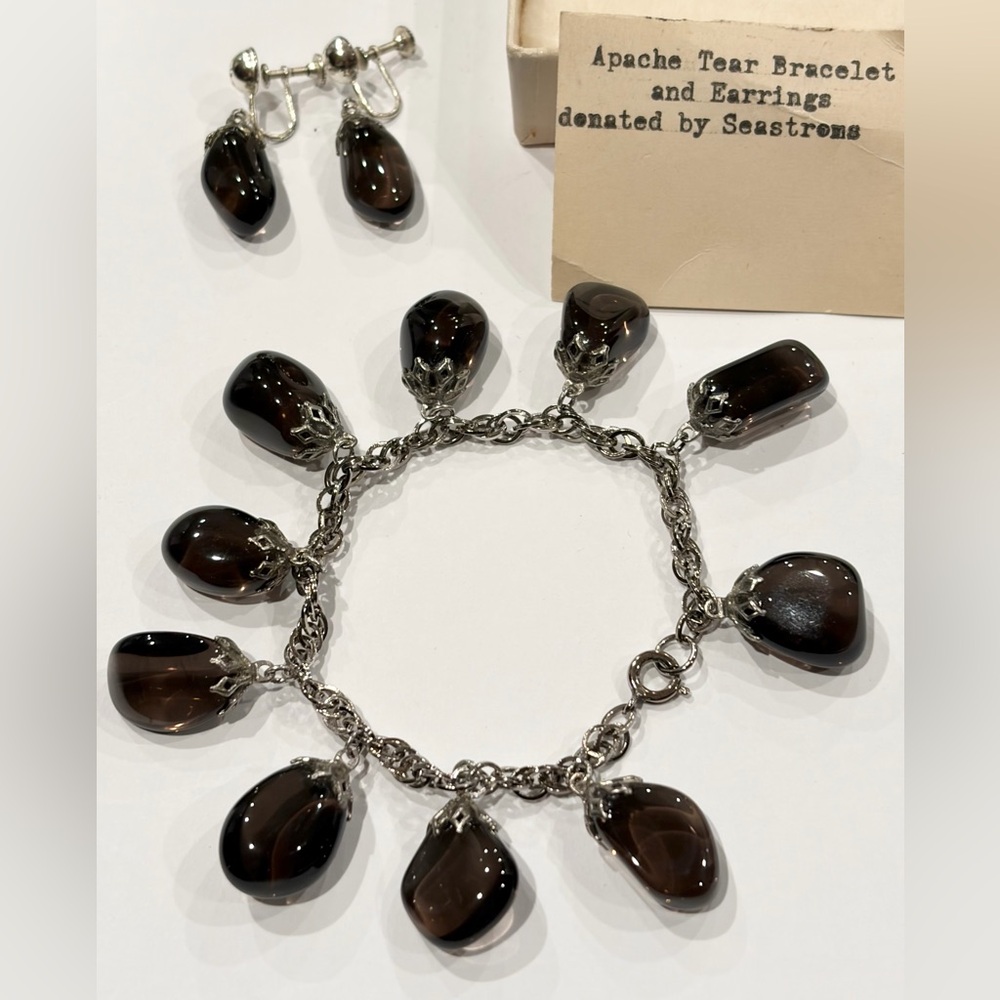 New VINTAGE Smoky Quartz Dangle 6.5” Bracelet & Sterling Silver Earring Set